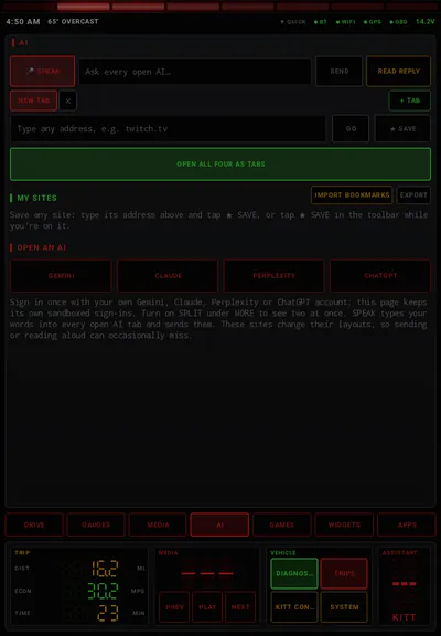 AI page: Your own Gemini, Claude, Perplexity and ChatGPT accounts in tabs.