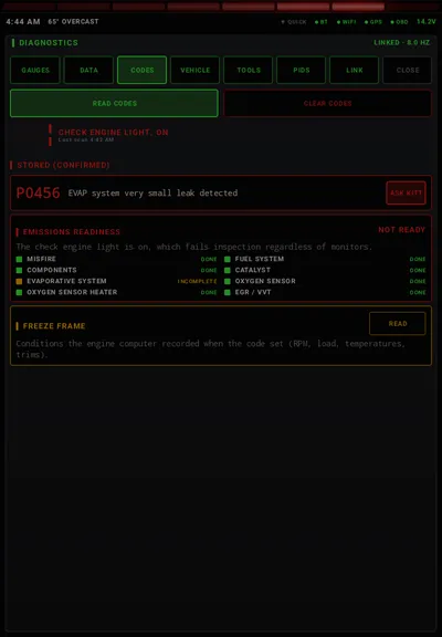 Fault codes: Stored codes in plain English, emissions readiness and freeze frame.