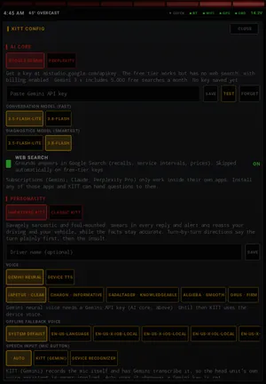 AI core & personality: Gemini or Perplexity, models, web search, Savage, Unfiltered or Classic KITT.