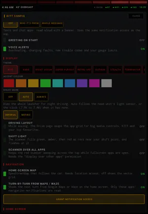 Display & navigation: Themes, accent colour, night mode, units, driving layout, shift light, map.