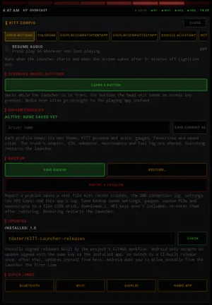 Buttons, profiles & upkeep: Steering-wheel buttons, driver profiles, backup, problem reports, updates.