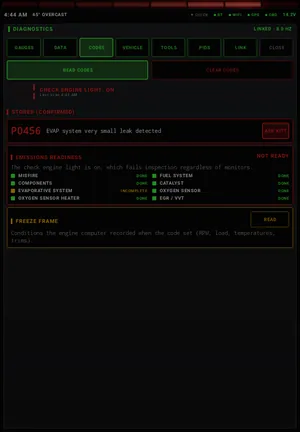 Codes: Stored, pending and permanent codes, readiness and freeze frame.