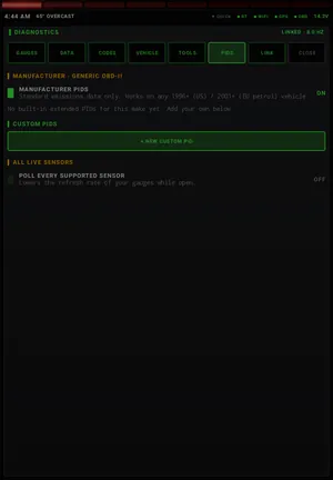 PIDs: Manufacturer PIDs, custom PIDs and every live sensor.