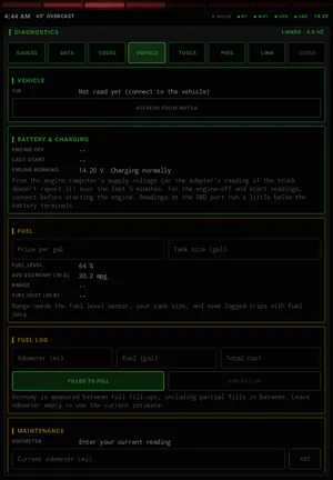 Vehicle: VIN, battery and charging, fuel, fuel log and maintenance.