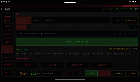 AI page: Your own Gemini, Claude, Perplexity and ChatGPT accounts in tabs.