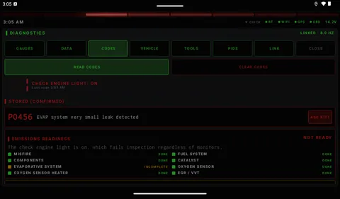 Fault codes: Stored codes in plain English, with emissions readiness below.
