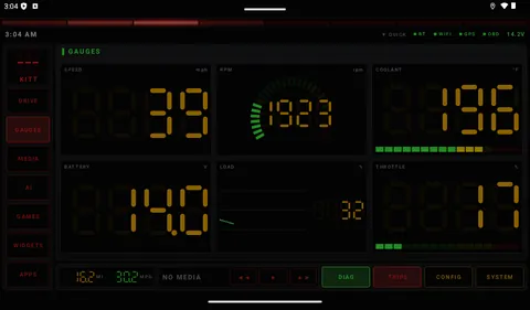 Gauges: A full-height wall of live OBD gauges.