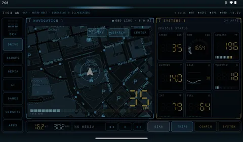 RoboCop theme: visor blue with a reticle tracking the vehicle