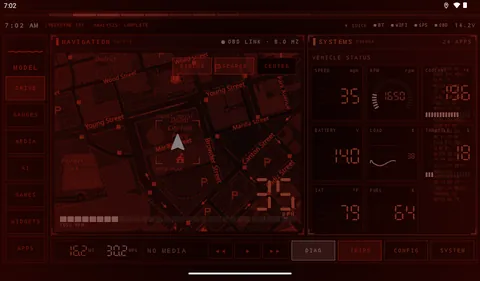 Terminator theme: red vision, targeting box on the vehicle and scrolling machine code